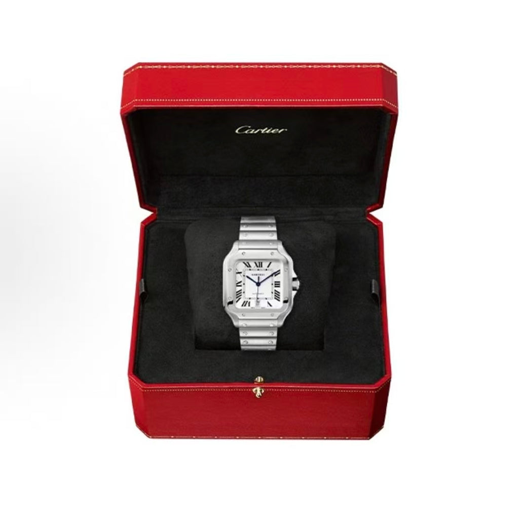 12.Cartier Sandus series watches for both men and women, Roman scale mechanical men's and women's watches, 39.8mm steel strip, white Roman