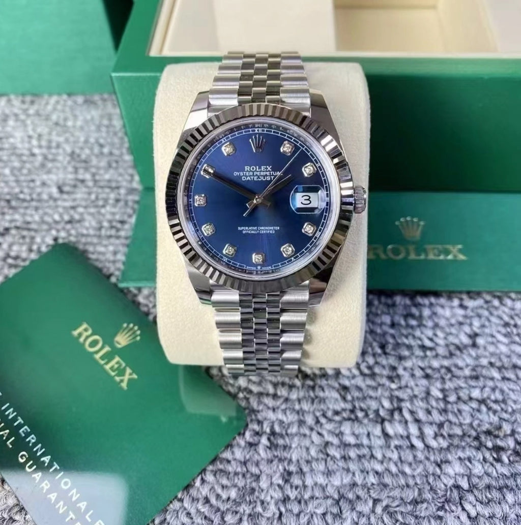 32.Rolex Logbook Men's Watch Fashion Business Calendar Steel Strip Automatic Mechanical Watch Set with Diamond Blue