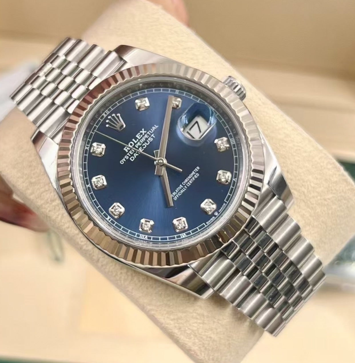 32.Rolex Logbook Men's Watch Fashion Business Calendar Steel Strip Automatic Mechanical Watch Set with Diamond Blue