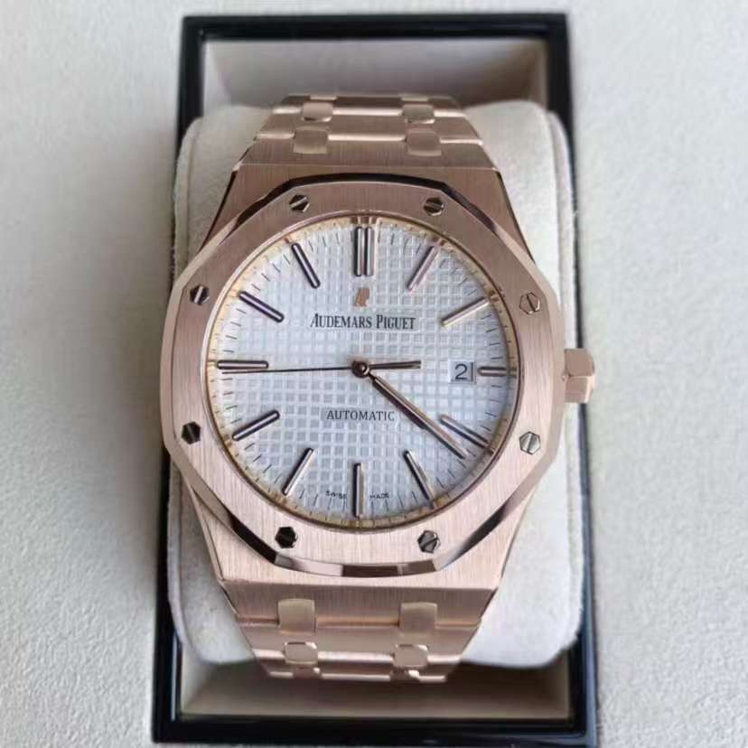 55 Audemars Piguet rose gold with white dial, automatic mechanical transparent back, 41mm case diameter, 18k rose gold case