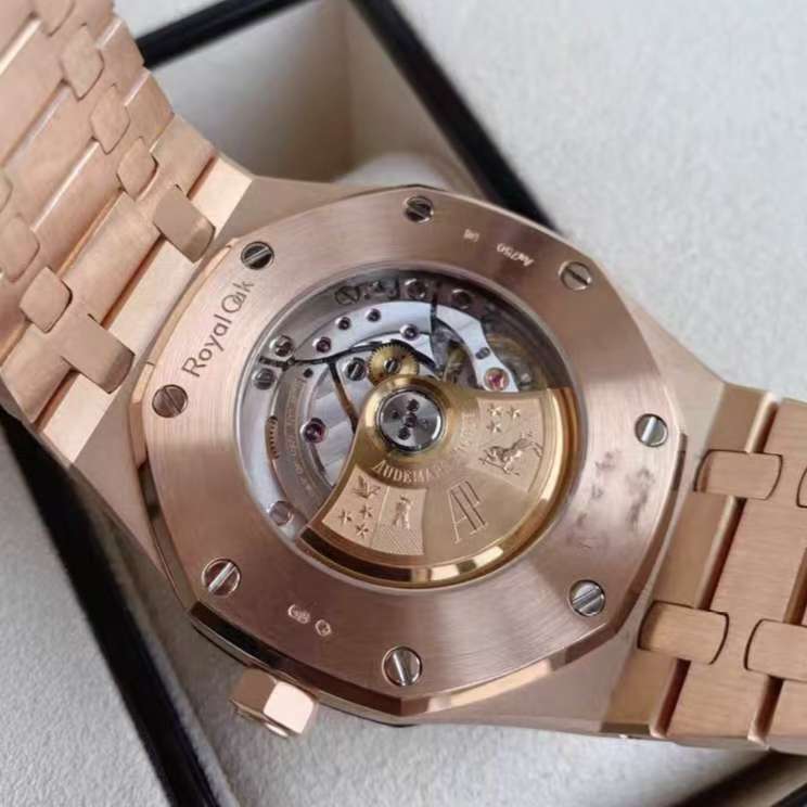 55 Audemars Piguet rose gold with white dial, automatic mechanical transparent back, 41mm case diameter, 18k rose gold case
