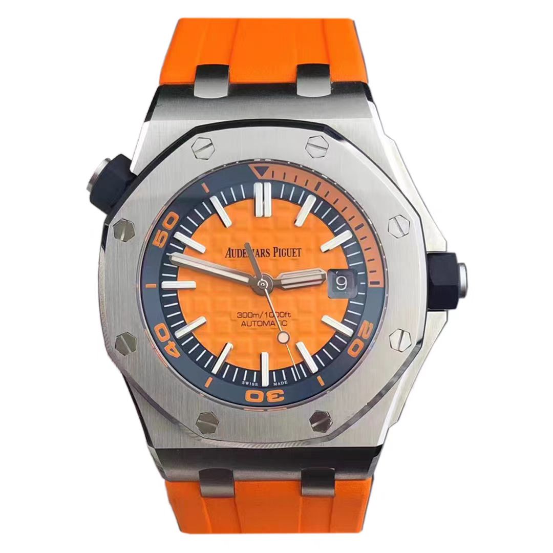 67 AP Audemars Piguet Royal Oak Offshore watch with orange dial, stainless steel, automatic mechanical men's watch