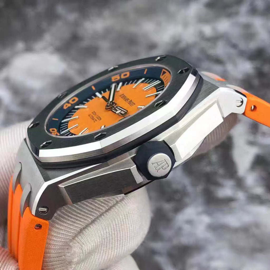 67 AP Audemars Piguet Royal Oak Offshore watch with orange dial, stainless steel, automatic mechanical men's watch