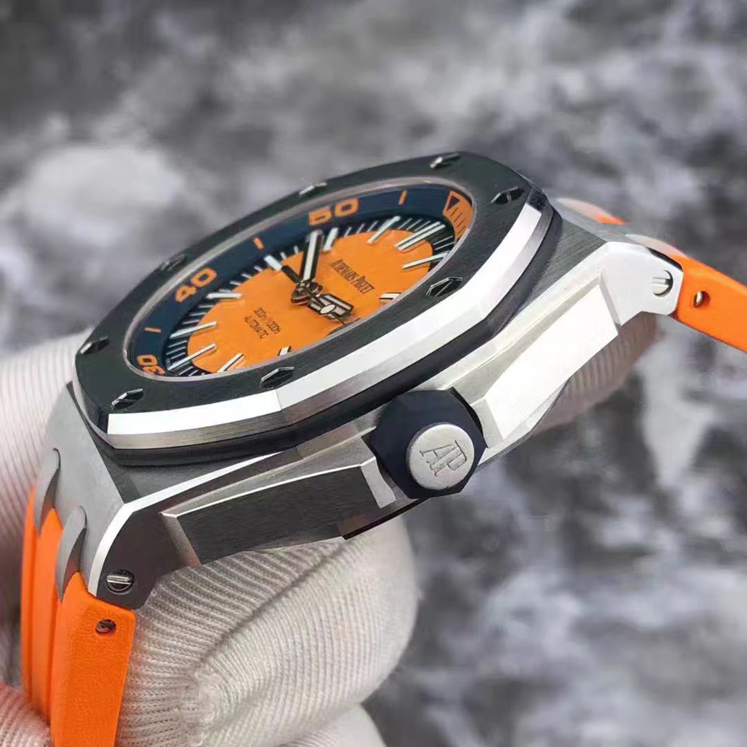 67 AP Audemars Piguet Royal Oak Offshore watch with orange dial, stainless steel, automatic mechanical men's watch